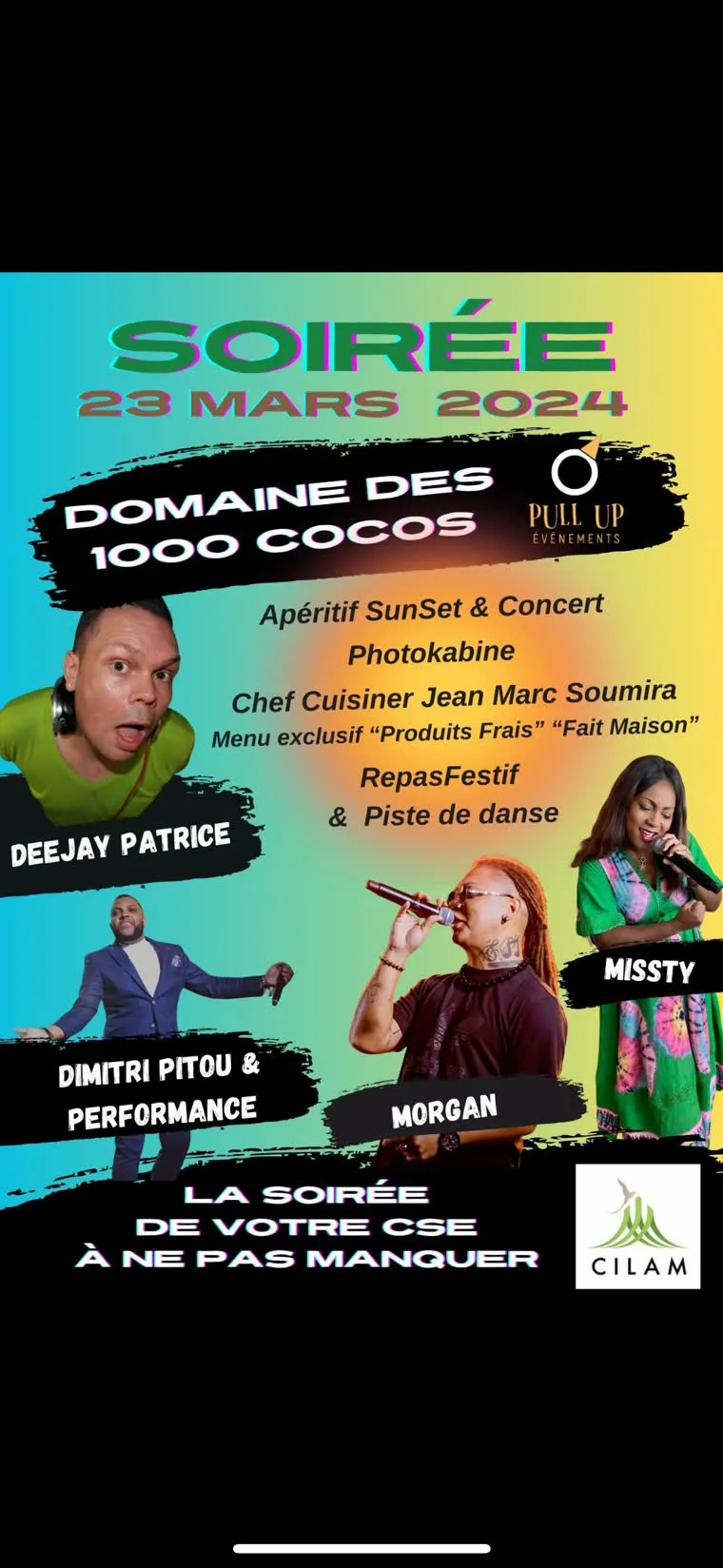 Affiche de la soirée d'entreprise du CSE CILAM au Domaine des 1000 Cocos à La Réunion