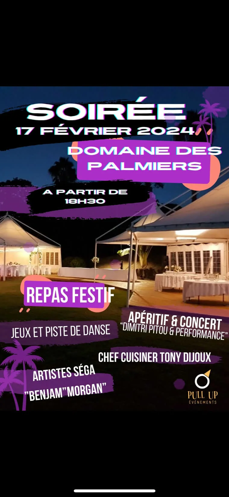 Affiche de la soirée d'entreprise au Domaine des Palmiers à La Réunion, par Pull Up Événements